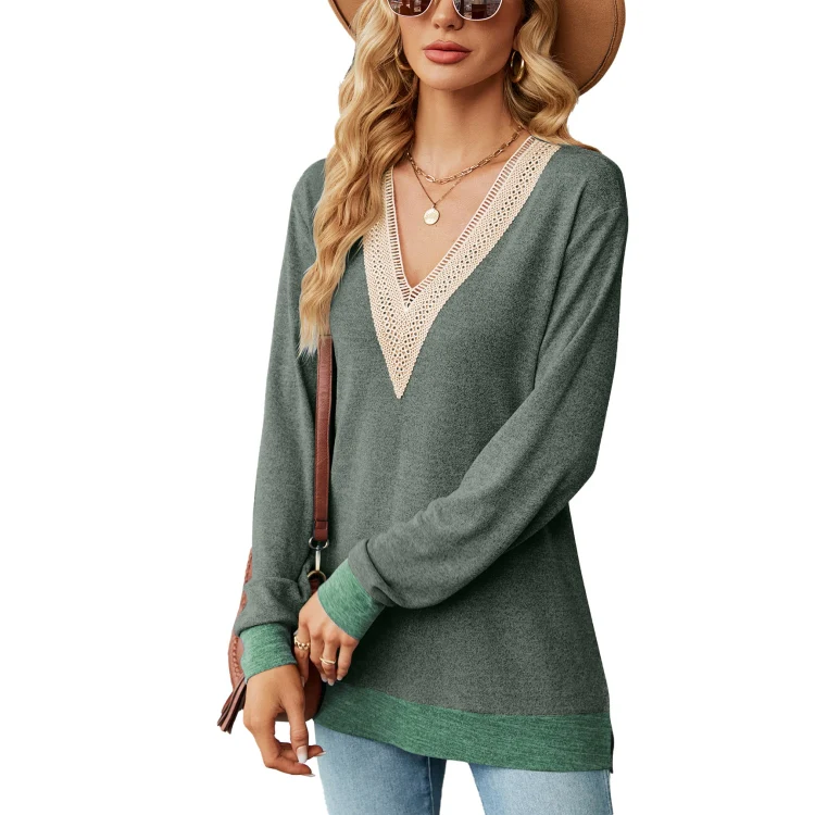 Autumn Winter Hollow Lace V-neck Color-blocked Split Loose Long-sleeved T-shirt, Size: XXL(Green)