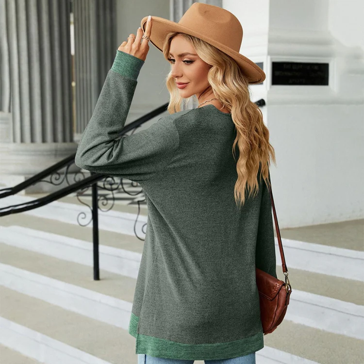Autumn Winter Hollow Lace V-neck Color-blocked Split Loose Long-sleeved T-shirt, Size: XXL(Green) - Image 5