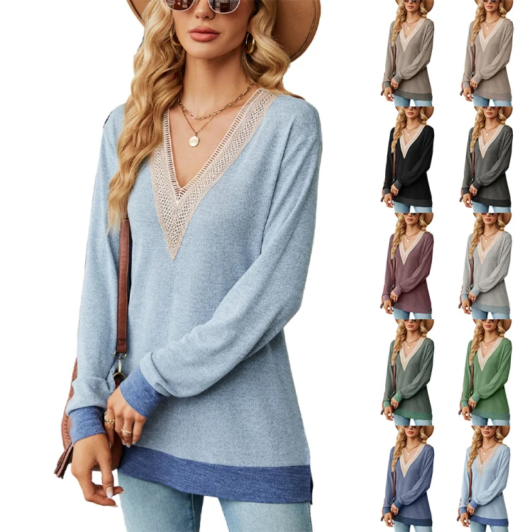 Autumn Winter Hollow Lace V-neck Color-blocked Split Loose Long-sleeved T-shirt, Size: XXL(Green) - Image 6