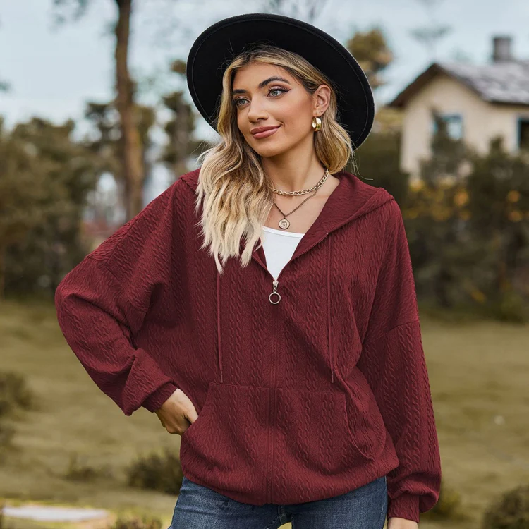 Autumn Winter Solid Color Long-Sleeved Loose Pocket Hooded Sweater Jacket, Size: L(Claret) - Image 2