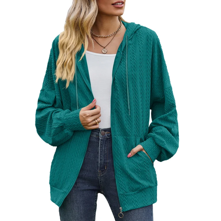 Autumn Winter Solid Color Long-Sleeved Loose Pocket Hooded Sweater Jacket, Size: L(Peacock Blue)