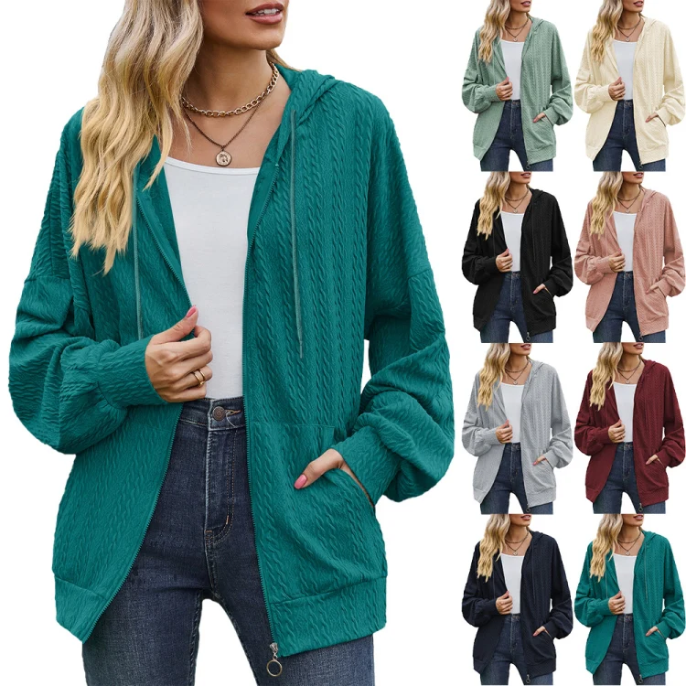 Autumn Winter Solid Color Long-Sleeved Loose Pocket Hooded Sweater Jacket, Size: L(Peacock Blue) - Image 6
