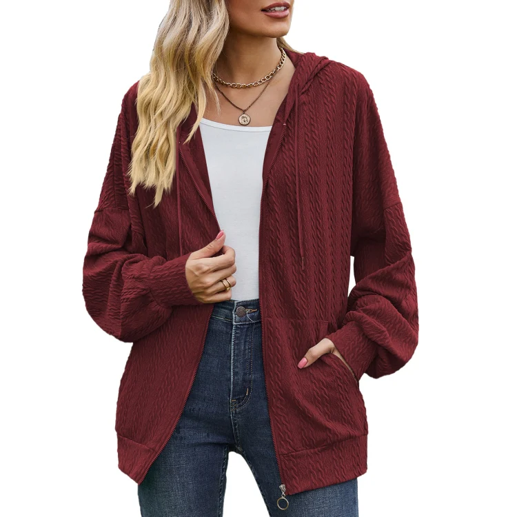 Autumn Winter Solid Color Long-Sleeved Loose Pocket Hooded Sweater Jacket, Size: M(Claret)