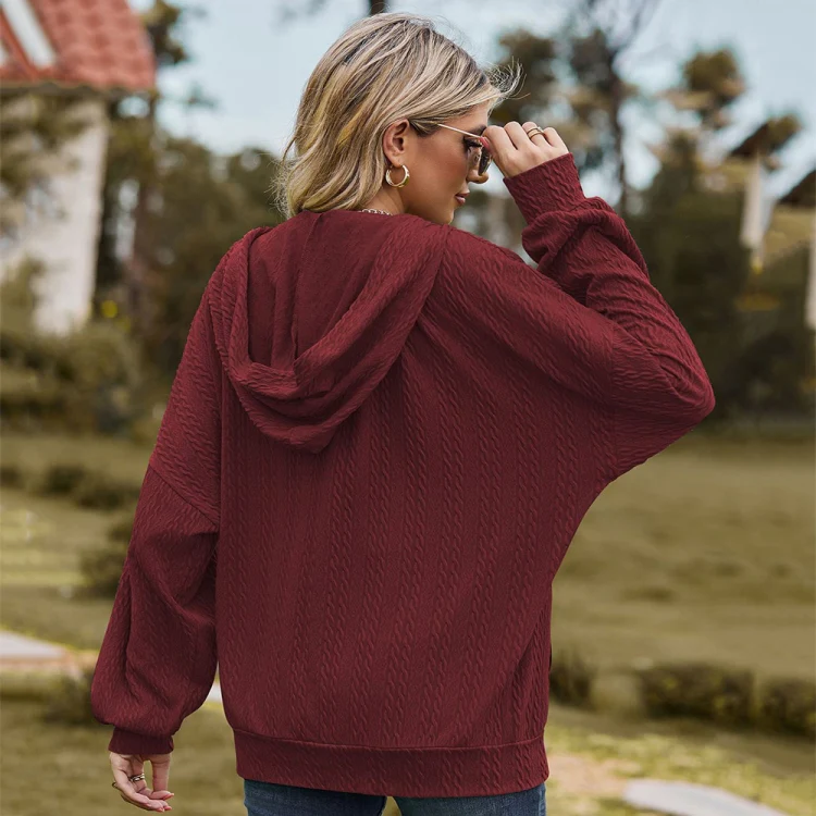 Autumn Winter Solid Color Long-Sleeved Loose Pocket Hooded Sweater Jacket, Size: S(Claret) - Image 5