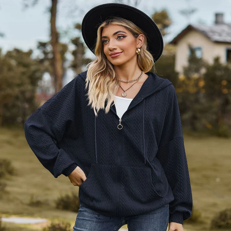 Autumn Winter Solid Color Long-Sleeved Loose Pocket Hooded Sweater Jacket, Size: S(Navy Blue) - Image 2