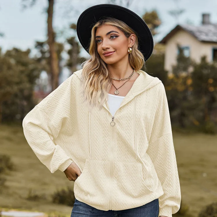 Autumn Winter Solid Color Long-Sleeved Loose Pocket Hooded Sweater Jacket, Size: XL(Apricot) - Image 2