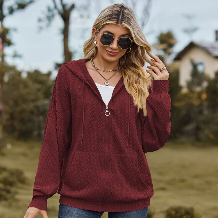 Autumn Winter Solid Color Long-Sleeved Loose Pocket Hooded Sweater Jacket, Size: XL(Claret) - Image 4