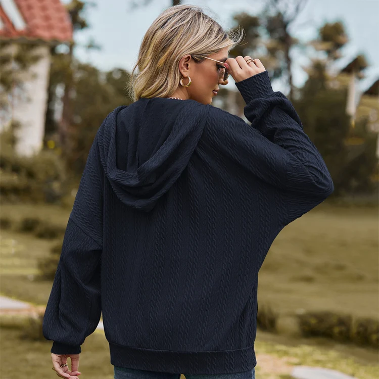 Autumn Winter Solid Color Long-Sleeved Loose Pocket Hooded Sweater Jacket, Size: XL(Navy Blue) - Image 5