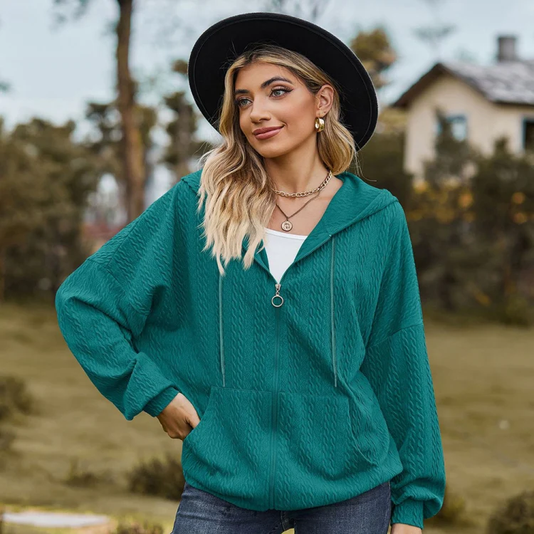 Autumn Winter Solid Color Long-Sleeved Loose Pocket Hooded Sweater Jacket, Size: XL(Peacock Blue) - Image 2