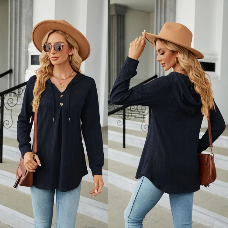Autumn Winter V-Neck Loose Long Sleeve Hooded Sweatshirt Women Outerwear, Size: L(Navy) - Image 3