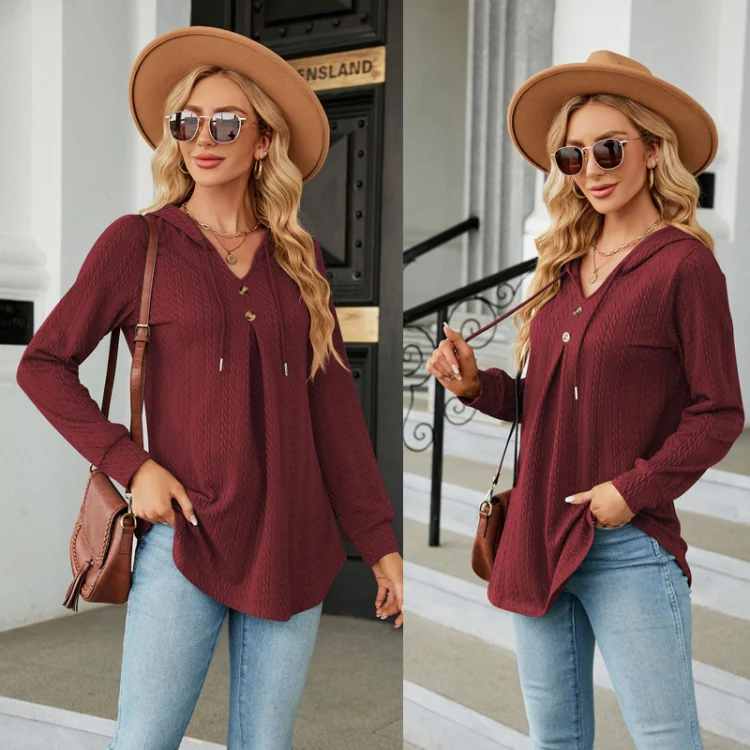 Autumn Winter V-Neck Loose Long Sleeve Hooded Sweatshirt Women Outerwear, Size: M(Burgundy) - Image 2