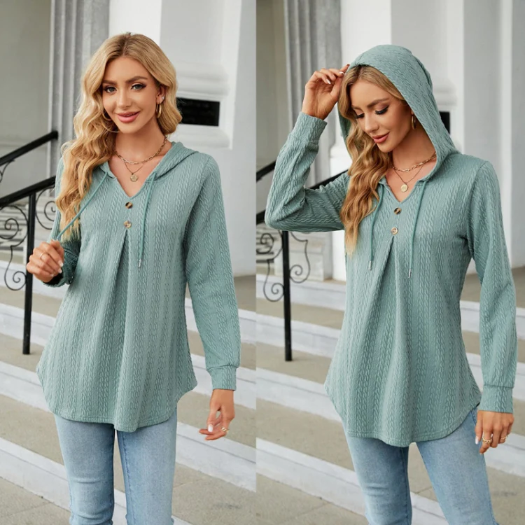 Autumn Winter V-Neck Loose Long Sleeve Hooded Sweatshirt Women Outerwear, Size: M(Dark Green) - Image 4