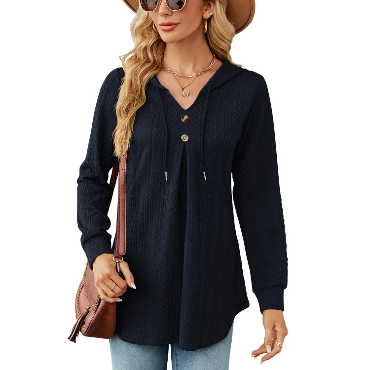 Autumn Winter V-Neck Loose Long Sleeve Hooded Sweatshirt Women Outerwear, Size: M(Navy)
