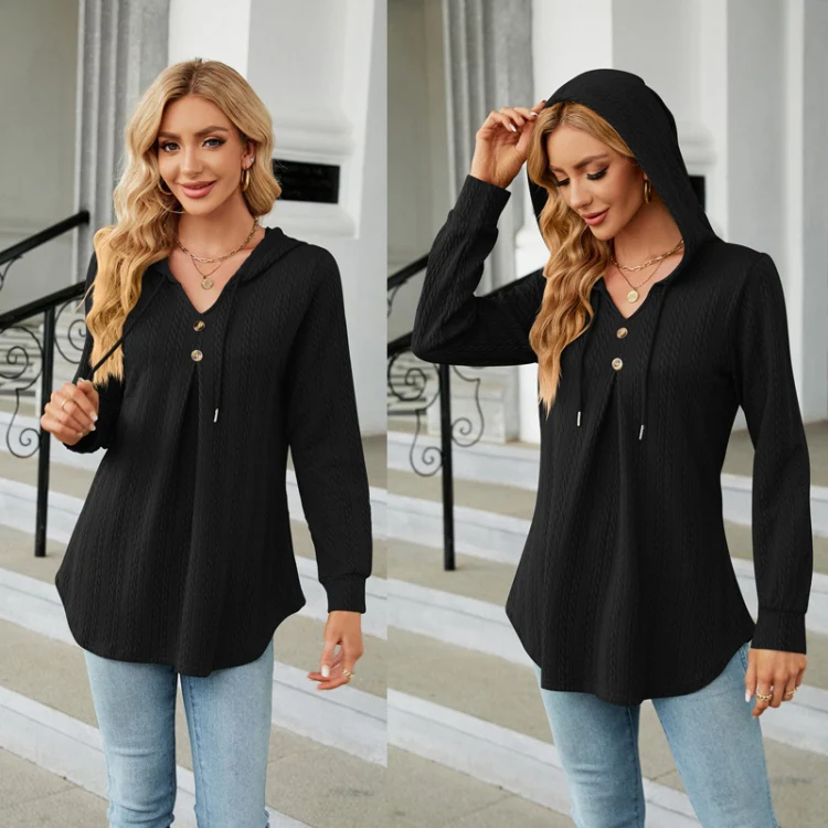 Autumn Winter V-Neck Loose Long Sleeve Hooded Sweatshirt Women Outerwear, Size: S(Black) - Image 4