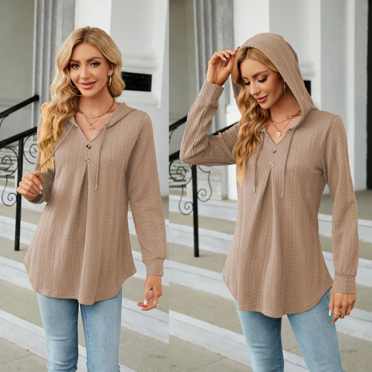 Autumn Winter V-Neck Loose Long Sleeve Hooded Sweatshirt Women Outerwear, Size: S(Khaki) - Image 4
