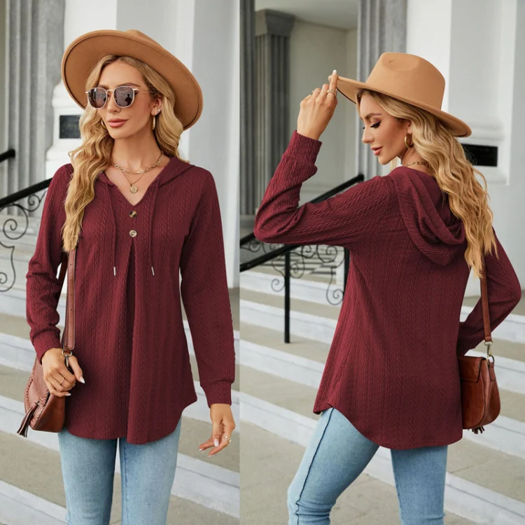 Autumn Winter V-Neck Loose Long Sleeve Hooded Sweatshirt Women Outerwear, Size: XL(Burgundy) - Image 3
