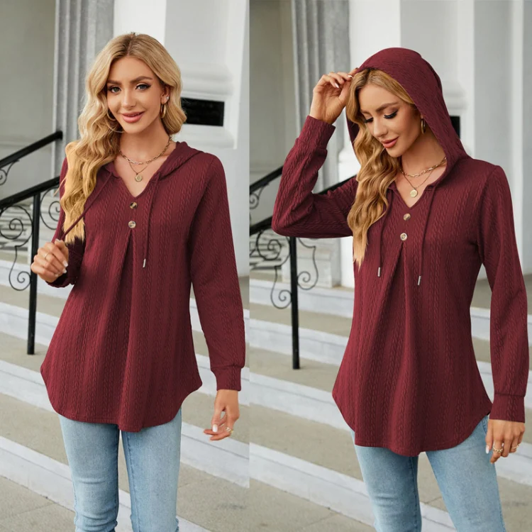 Autumn Winter V-Neck Loose Long Sleeve Hooded Sweatshirt Women Outerwear, Size: XL(Burgundy) - Image 4