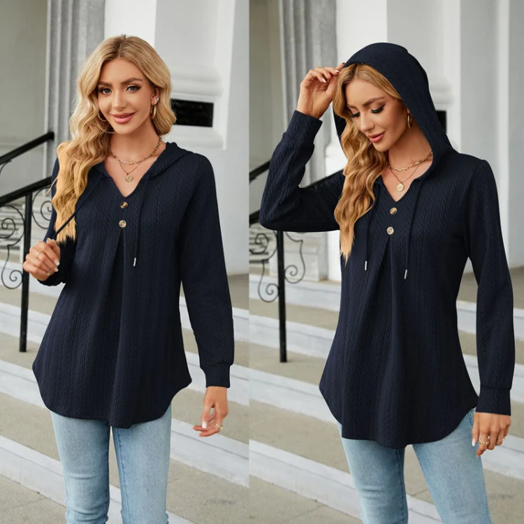 Autumn Winter V-Neck Loose Long Sleeve Hooded Sweatshirt Women Outerwear, Size: XL(Navy) - Image 4