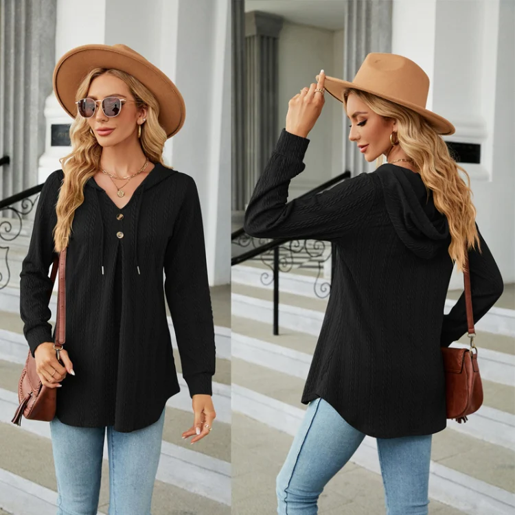 Autumn Winter V-Neck Loose Long Sleeve Hooded Sweatshirt Women Outerwear, Size: XXL(Black) - Image 3