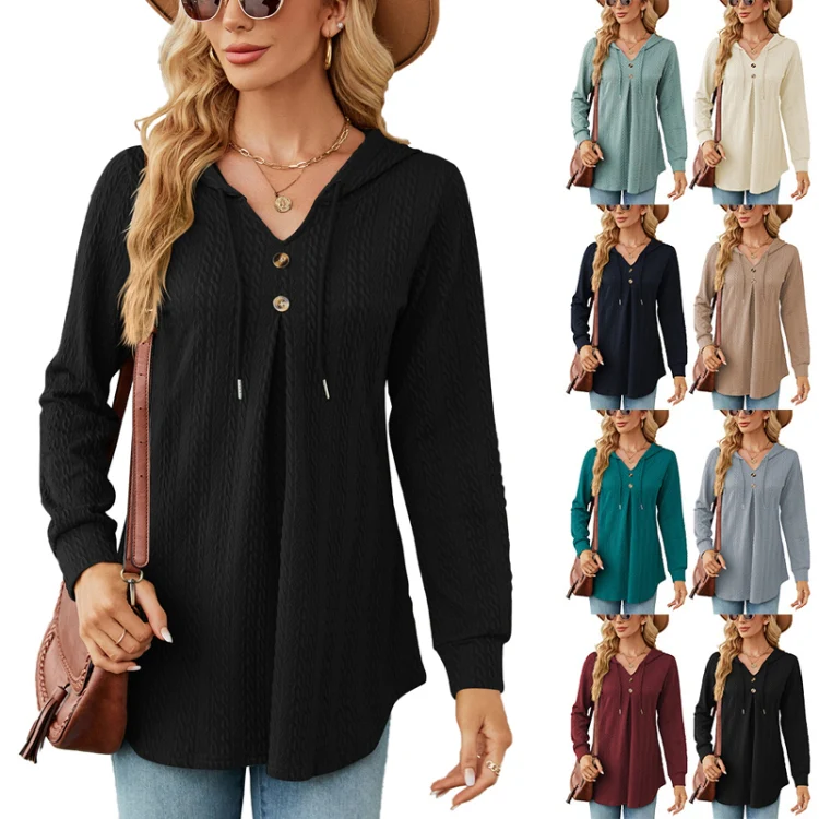 Autumn Winter V-Neck Loose Long Sleeve Hooded Sweatshirt Women Outerwear, Size: XXL(Black) - Image 5