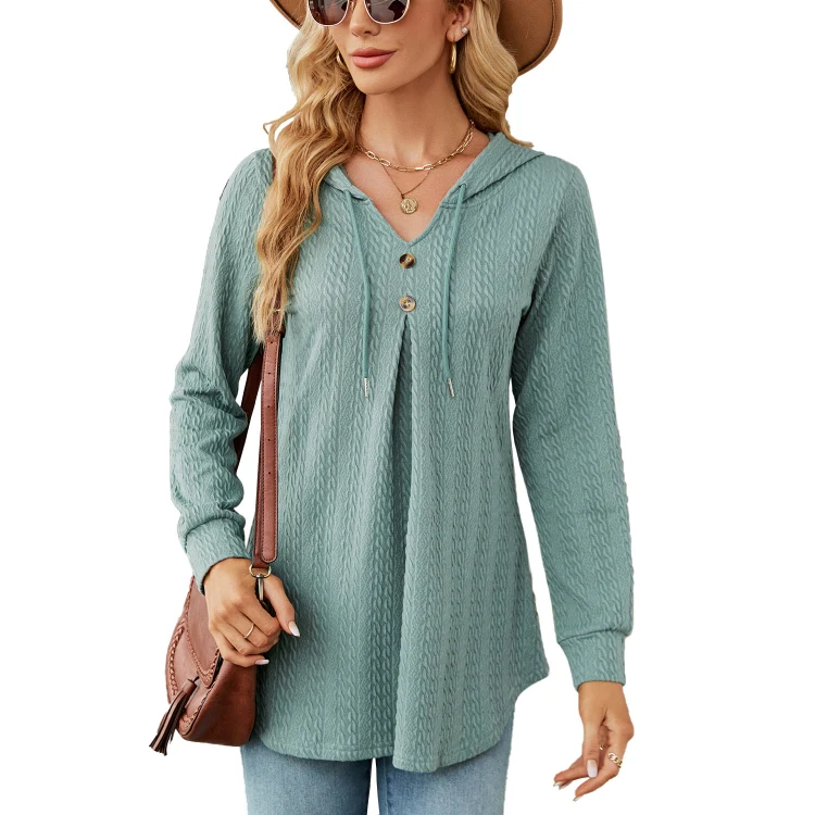 Autumn Winter V-Neck Loose Long Sleeve Hooded Sweatshirt Women Outerwear, Size: XXL(Dark Green)