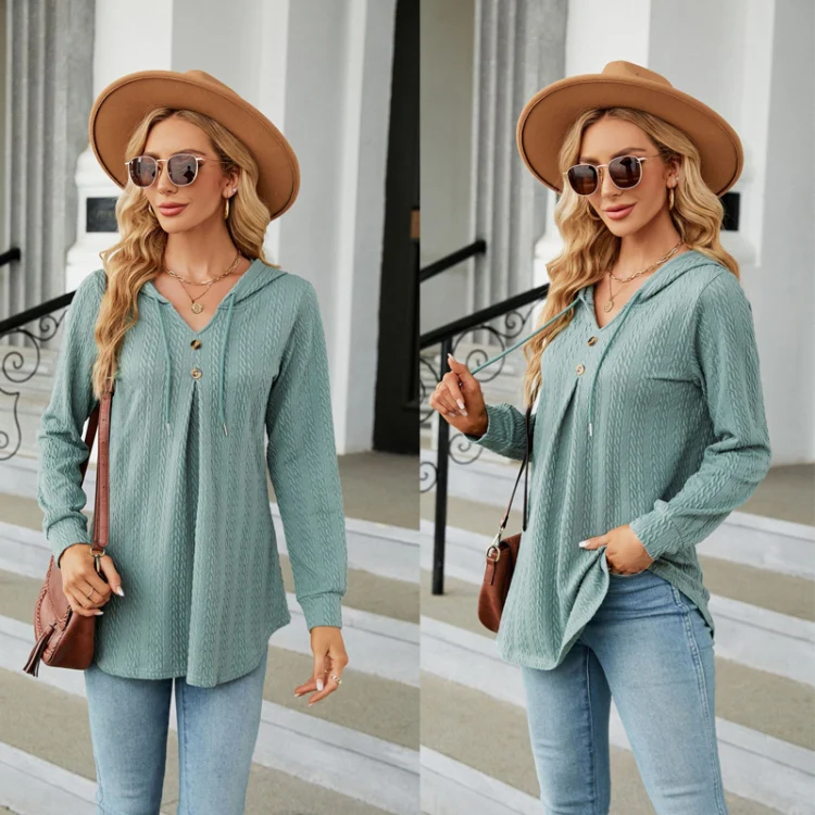 Autumn Winter V-Neck Loose Long Sleeve Hooded Sweatshirt Women Outerwear, Size: XXL(Dark Green) - Image 3