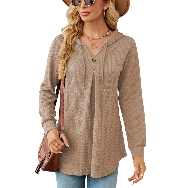 Autumn Winter V-Neck Loose Long Sleeve Hooded Sweatshirt Women Outerwear, Size: XXL(Khaki)