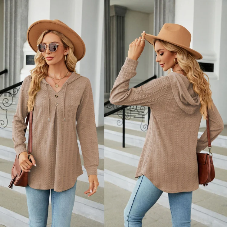 Autumn Winter V-Neck Loose Long Sleeve Hooded Sweatshirt Women Outerwear, Size: XXL(Khaki) - Image 2
