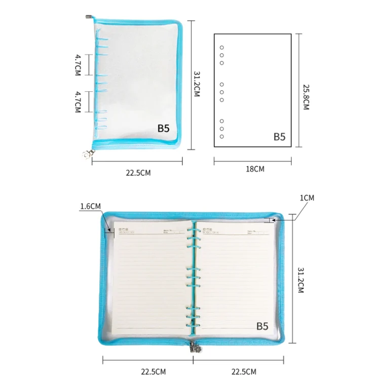 B5 9 Rings Loose-leaf Journal Clear PVC Cover Zipper Planner Notebook Without Inner Pages(Purple) - Image 3