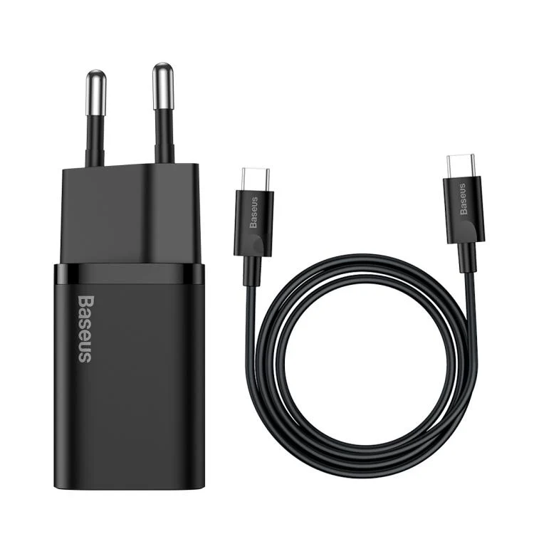 Baseus Super Si Type-C 25W Fast Charger with 1m Type-C to Type-C Cable, EU Plug(Black)