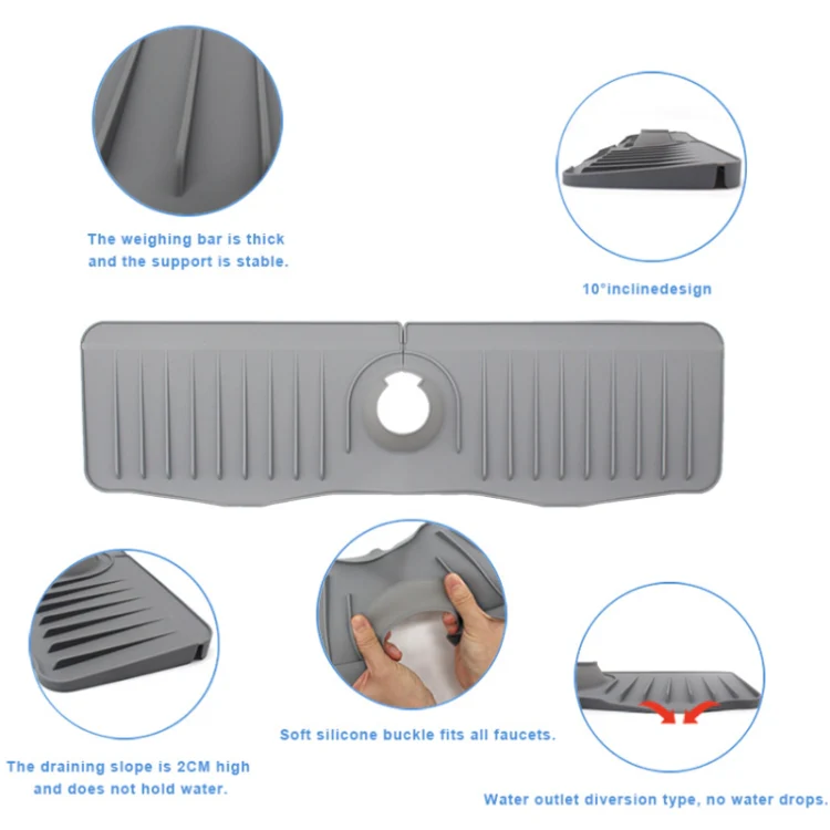 Bathroom Kitchen Silicone Faucet Anti-Splash Drain Mat, Color: Grey(37x14.7x2cm) - Image 4