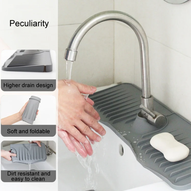 Bathroom Kitchen Silicone Faucet Anti-Splash Drain Mat, Color: Grey(37x14.7x2cm) - Image 5