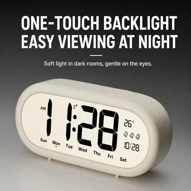 Battery Operated Digital Alarm Clock Loud Bedside Clock with 3 Alarm Settings, Temperature Date and Backlight Snooze(White) - Image 5