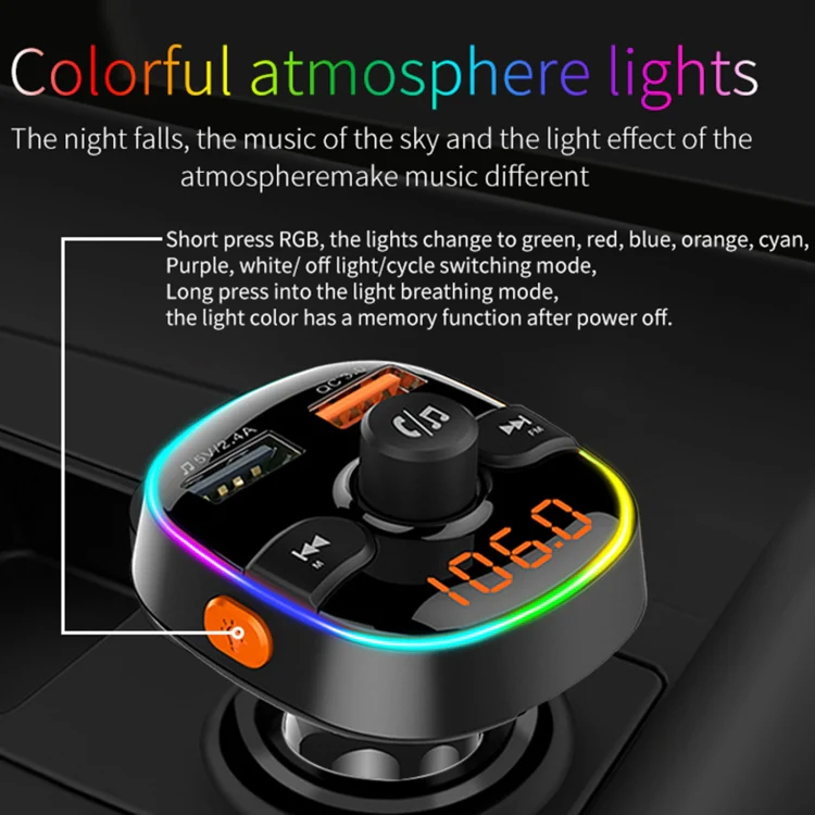 BC52 QC3.0 Fast Charging Car Colorful Atmosphere Light Bluetooth MP3 Player FM Transmitter - Image 3