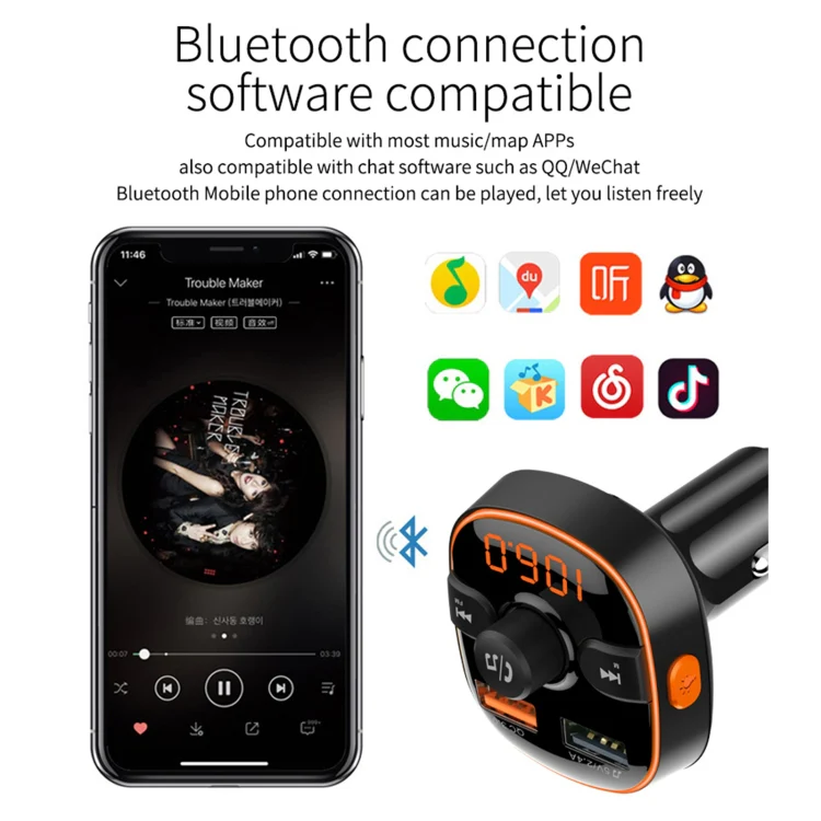 BC52 QC3.0 Fast Charging Car Colorful Atmosphere Light Bluetooth MP3 Player FM Transmitter - Image 6