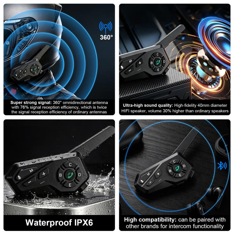 Black Motorcycle Helmet Waterproof Wireless Walkie-Talkie Bluetooth Earphone(One) - Image 6