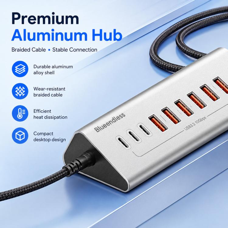 Blueendless 10 Ports TYPE-C Splitter 10Gbps Braided Cable Extension Hub, Interface: 36W USB 3.2 x 7+TYPE-C 3.2 x 3 - Image 3