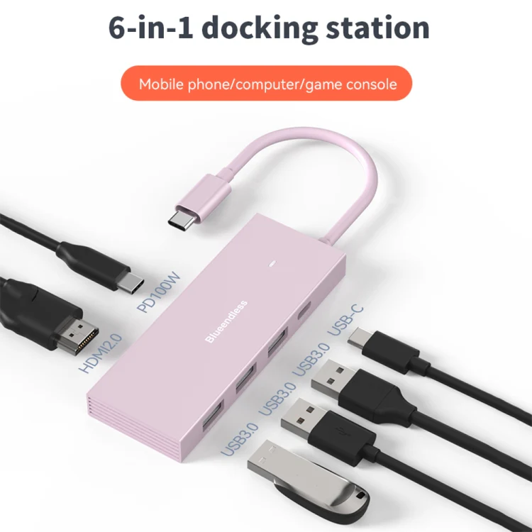 Blueendless 4K60Hz + Data Port Type-C Docking Station USB3.0 Splitter, Spec: 7-in-1 Card Reading Pink - Image 4