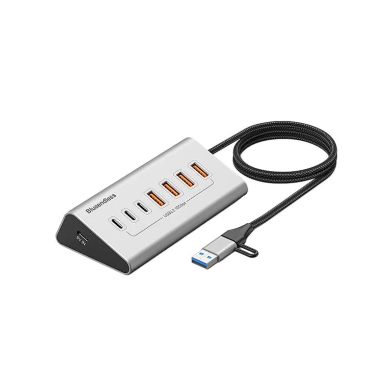 Blueendless 7 Ports TYPE-C Splitter 10Gbps Braided Cable Extension Hub, Interface: 15W USB3.2 x 4+TYPE-C3.2 x 3
