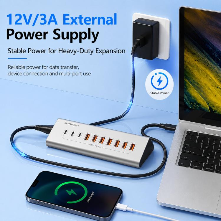 Blueendless 7 Ports TYPE-C Splitter 10Gbps Braided Cable Extension Hub, Interface: 15W USB3.2 x 4+TYPE-C3.2 x 3 - Image 5