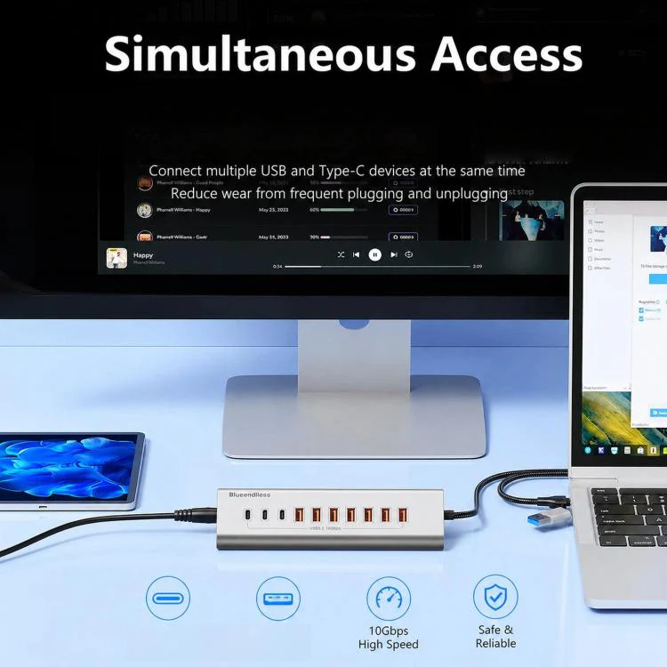 Blueendless 7 Ports TYPE-C Splitter 10Gbps Braided Cable Extension Hub, Interface: 15W USB3.2 x 4+TYPE-C3.2 x 3 - Image 6