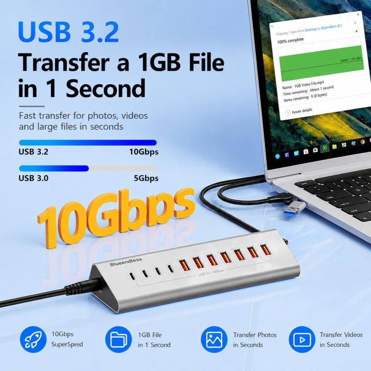 Blueendless 8 Ports TYPE-C Splitter 10Gbps Braided Cable Extension Hub, Interface: 15W USB3.2 x 4+TYPE-C3.2 x 2+SD/TF3.0 - Image 4
