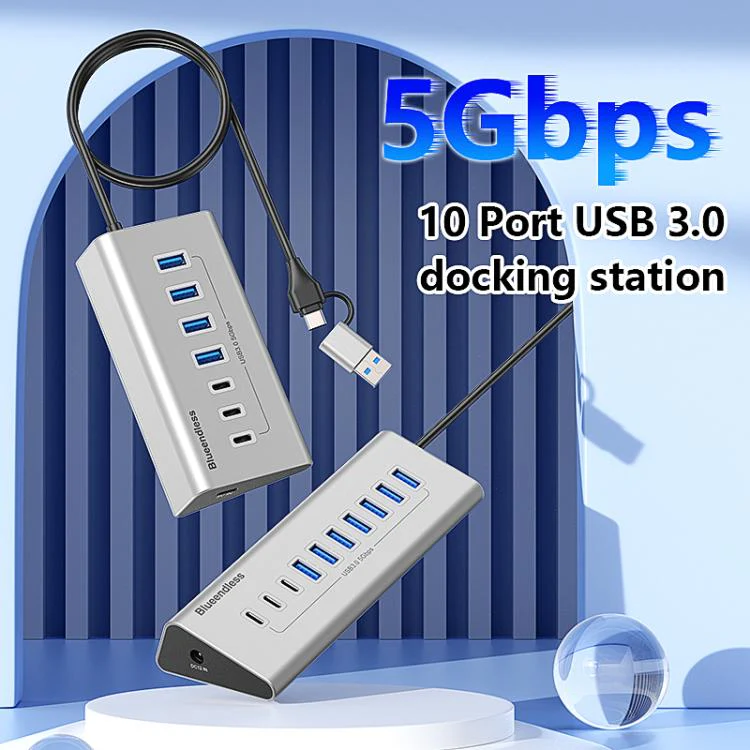 Blueendless Type-C / USB-C 2 in 1 Multifunctional HUB Docking Station US Plug, Specification:10 Ports Hub(Grey) - Image 3