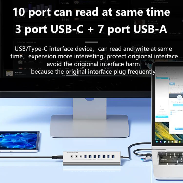 Blueendless Type-C / USB-C 2 in 1 Multifunctional HUB Docking Station US Plug, Specification:10 Ports Hub(Grey) - Image 6
