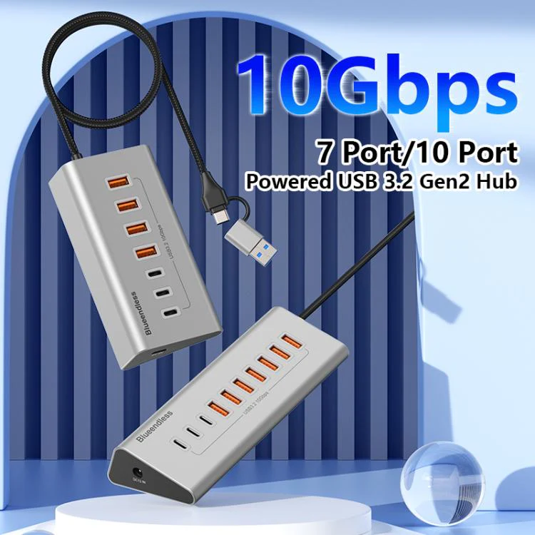 Blueendless Type-C / USB-C 2 in 1 Port Multifunctional HUB Docking Station US Plug, Specification:10 Ports Hub(Grey) - Image 3