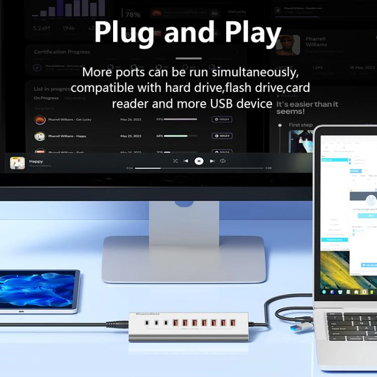 Blueendless Type-C / USB-C 2 in 1 Port Multifunctional HUB Docking Station US Plug, Specification:10 Ports Hub(Grey) - Image 6
