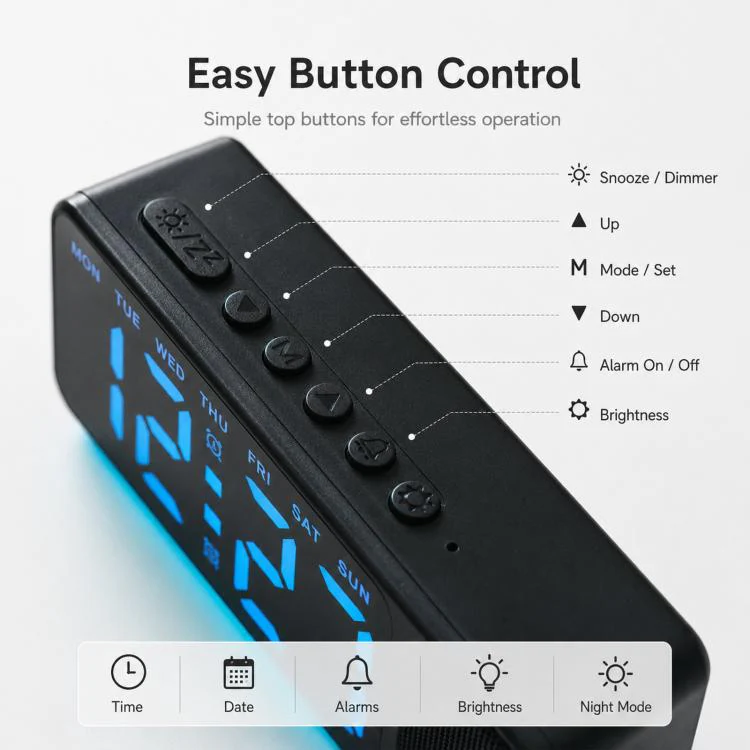 Bluetooth Speaker Digital Alarm Clock with Night Light Large LED Display Clock with Date, Dimmer and Dual Snooze Alarms(GH9025 Black Green) - Image 7