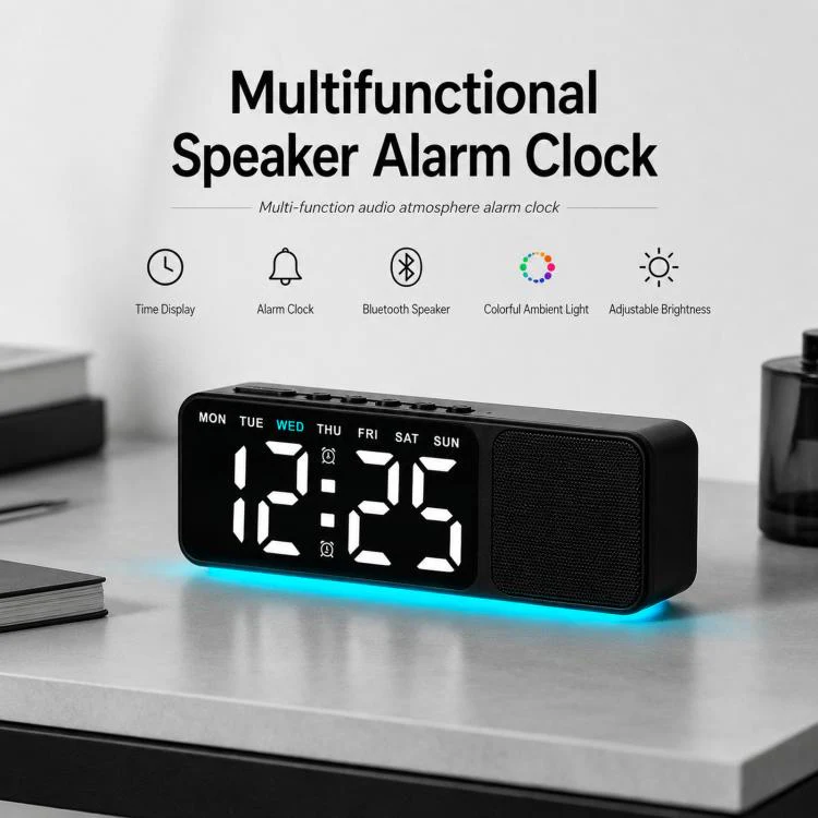 Bluetooth Speaker Digital Alarm Clock with Night Light Large LED Display Clock with Date, Dimmer and Dual Snooze Alarms(GH9025 White Red) - Image 2