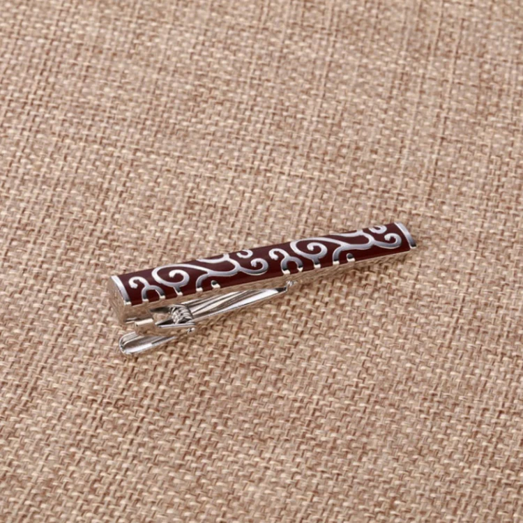 Brass Polished Gum Pattern Business Men Tie Clip, Color: Silver Batch Flower - Image 3