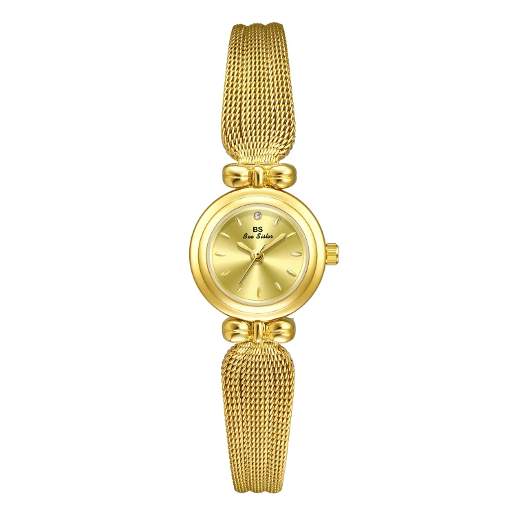 BS Bee Sister 22mm Retro Female Wrist Watch with Stainless Steel Mesh Butterfly Design Strap(Champagne Gold)